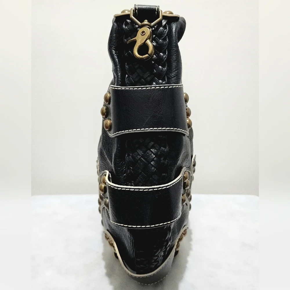 Isabella Fiore Black Leather Studded Braided Hobo Shoulder Bag Boho Western Chic - Picture 6 of 15